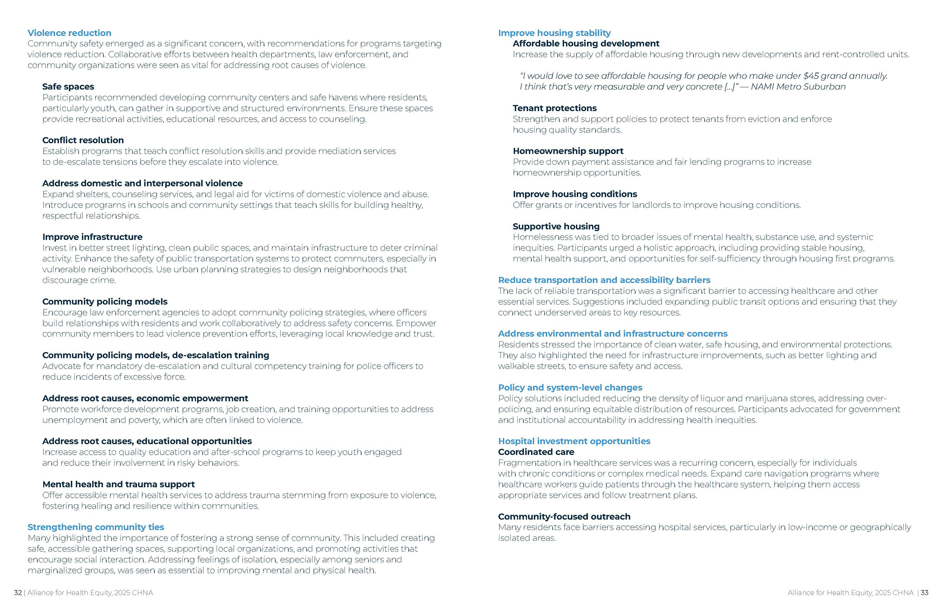 Open spread of a Community Health Needs Assessment Focus Group Summary report featuring bold section headings, color-coded charts, bar graphs, data tables, and community photography arranged in a clean grid layout.